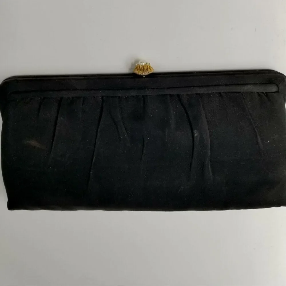 Vintage 60s Purse Black Clutch Kiss Lock Gold Pearl Rhinestone Coin Purse